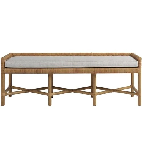 Sam Coastal Beach White Upholstered Wicker Rattan Bench | Kathy Kuo Home