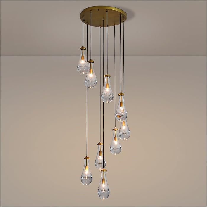 20 Inch Brass Linear Chandeliers with Clear Crystal Glass Raindrop Shade 9-Lights, Modern Gold Ha... | Amazon (US)