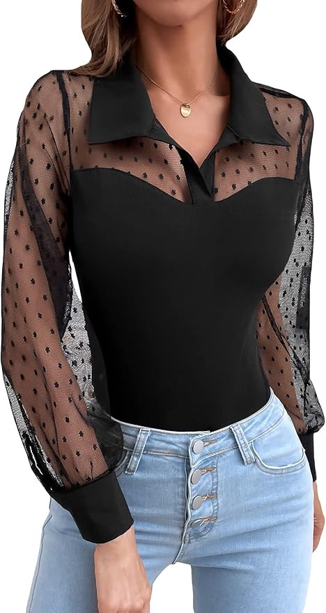 OYOANGLE Women's Polka Dots Mesh V Neck Collared Long Sleeve Elegant Bodysuit Shirt Top | Amazon (US)