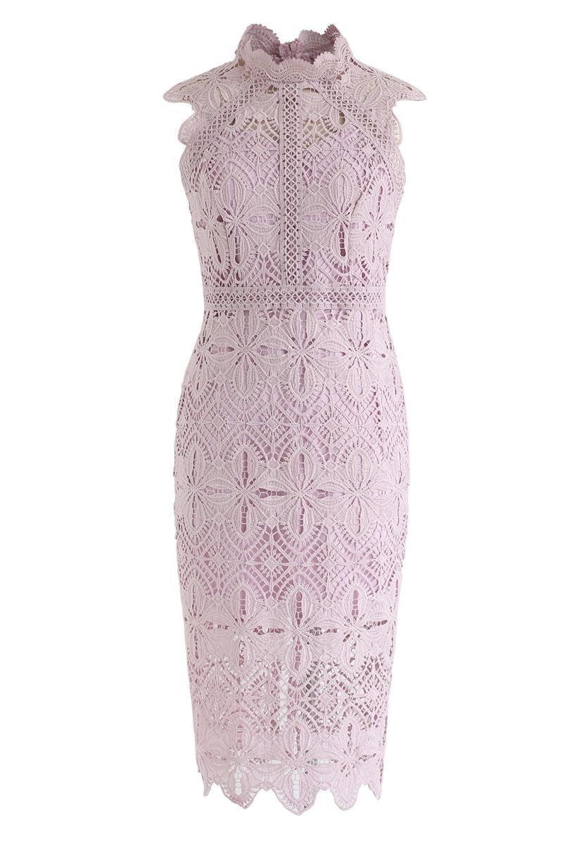 Diamond and Floral Crochet Bodycon Midi Dress in Pink | Chicwish