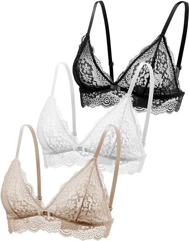 Lace Bralettes for Women No Underwire Sexy Triangle See Thru V Neck Unppaded Bra | Amazon (US)