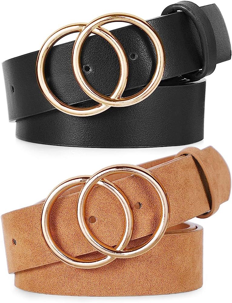 2 Pack Double Ring Belt for Women, Faux Leather Jeans Belts with Golden Circle Buckle | Amazon (US)