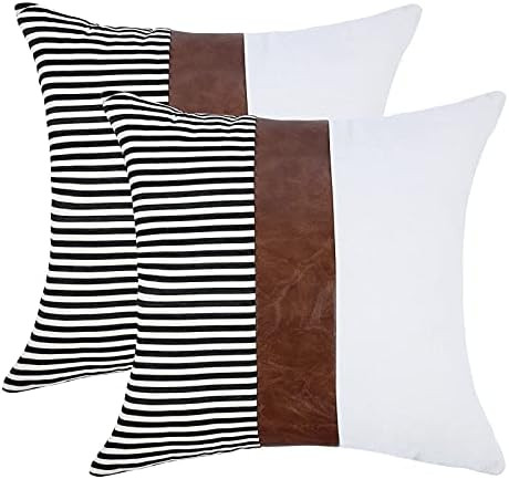 BOYSUM Set of 2 Farmhouse Decorative Throw Pillow Covers Black Striped Patchwork Linen Pillow Cov... | Amazon (US)