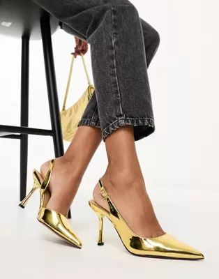 ASOS DESIGN Simmer slingback stiletto mid shoes in gold | ASOS (Global)