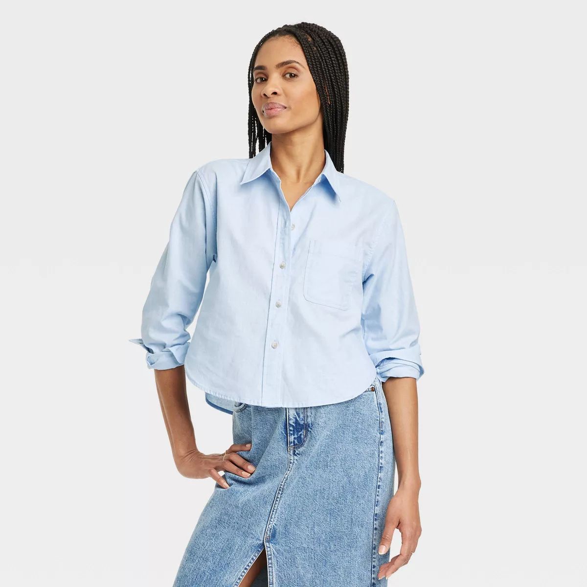 Women's Long Sleeve Collared Button-Down Shirt - Universal Thread™ Blue M | Target