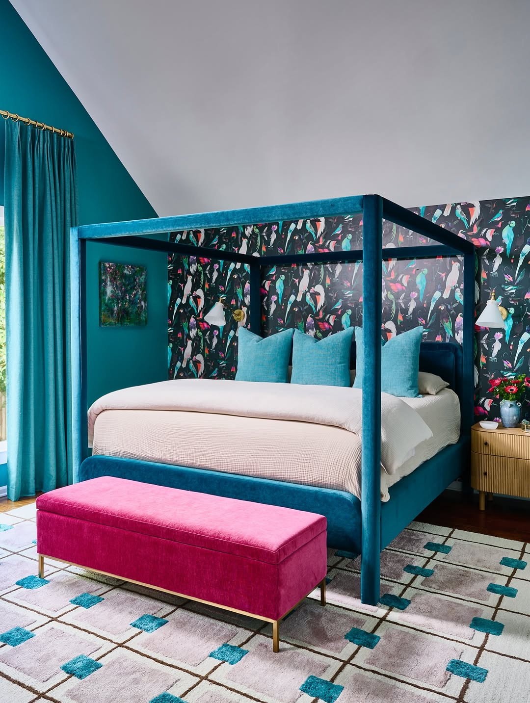 Tips Thursday ✨ | Mixing Bold Color
Bold color works best when it’s layered with intention. In this space, saturated teal anchors the room, playful wallpaper adds movement, and softer neutrals give the eye a place to rest.

A few guidelines we always follow:
• Choose one dominant color
• Support it with pattern and texture
• Balance bold moments with quiet ones

The result is a space that feels confident, cohesive, and livable — never overwhelming. Swipe to see how this plays out in Project Birds of Paradise.

#TipsThursday #InteriorDesignTips #ColorfulInteriors #BoldColorDesign #BedroomDesignTips #WallpaperInspiration #LayeredInteriors #LTKHome #BlessedLittleBungalow #BLBStyle 

 #LTKHome