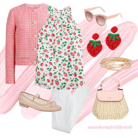 Berry cute for Spring through Summer - couldn’t resist a casual version of the jacket/top

Pink Tweed Lady Jacket, Strawberry Halter Tie Neck Top, White Jeans, Sunglasses, Beaded Strawberry Earrings, Gold Bracelets, Pink Wicker Bag & Pearl Embellished Mesh Ballet Flats

Spring Outfit. Easter. Brunch. Church. Work. 

#LTKfindsunder100 #LTKSeasonal #LTKstyletip