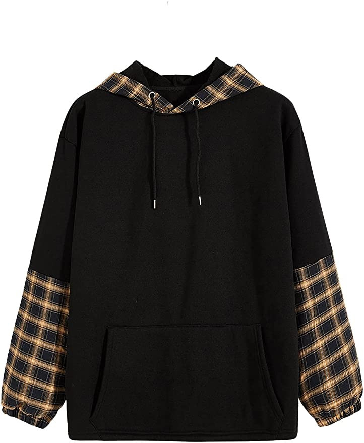 SweatyRocks Women's Casual Plaid Long Sleeve Hooded Sweatshirt Drop Shoulder Drawstring Hoodie wi... | Amazon (US)