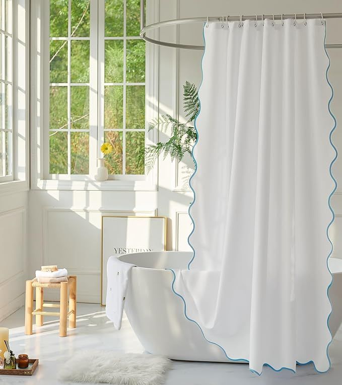 youngseahome White Fabric with Aqua Scalloped Border Shower Curtain,Boho Chic Cloth Shower Curtai... | Amazon (CA)