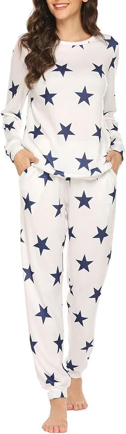 Ekouaer Womens Pajama Set Long Sleeve Sleepwear Star Print Nightwear Soft Pjs Lounge Sets with Po... | Amazon (US)