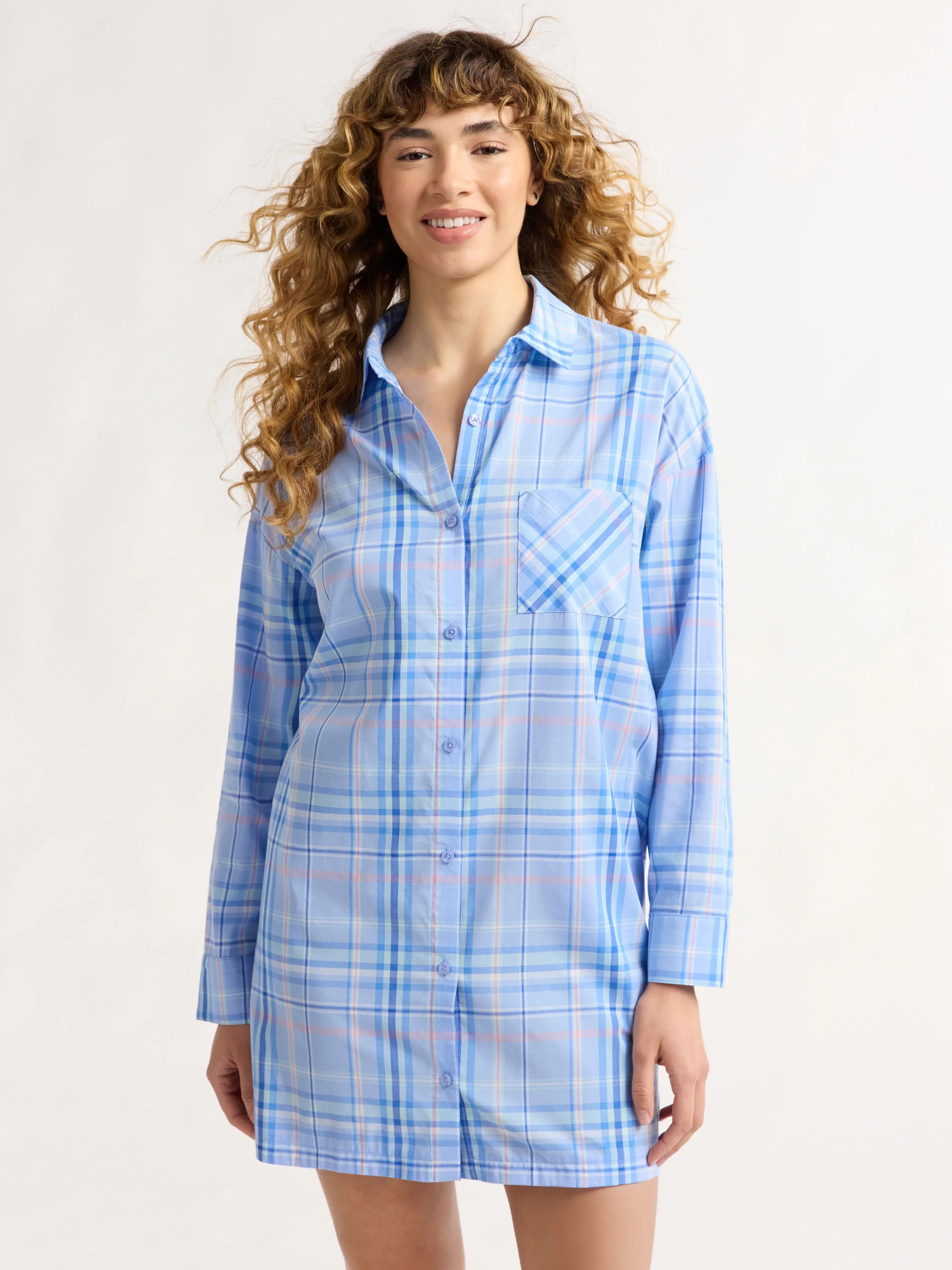 Joyspun Women’s Woven Long Sleeve Button Front Sleepshirt, Sizes S-3X | Walmart (US)