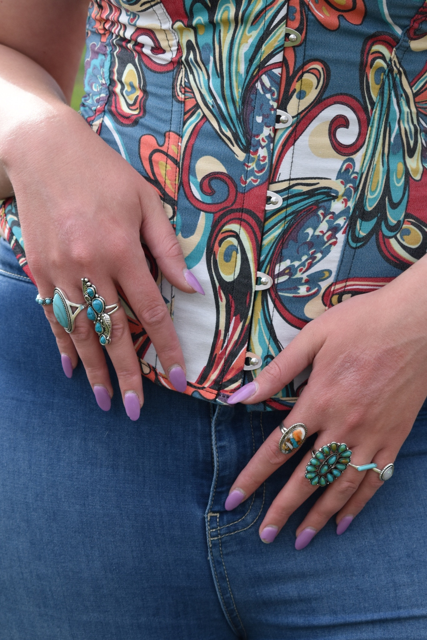 My western ring stack lineup! (Ring on index finger is family heirloom but all rest are linked)

Turquoise rings, ring stack 