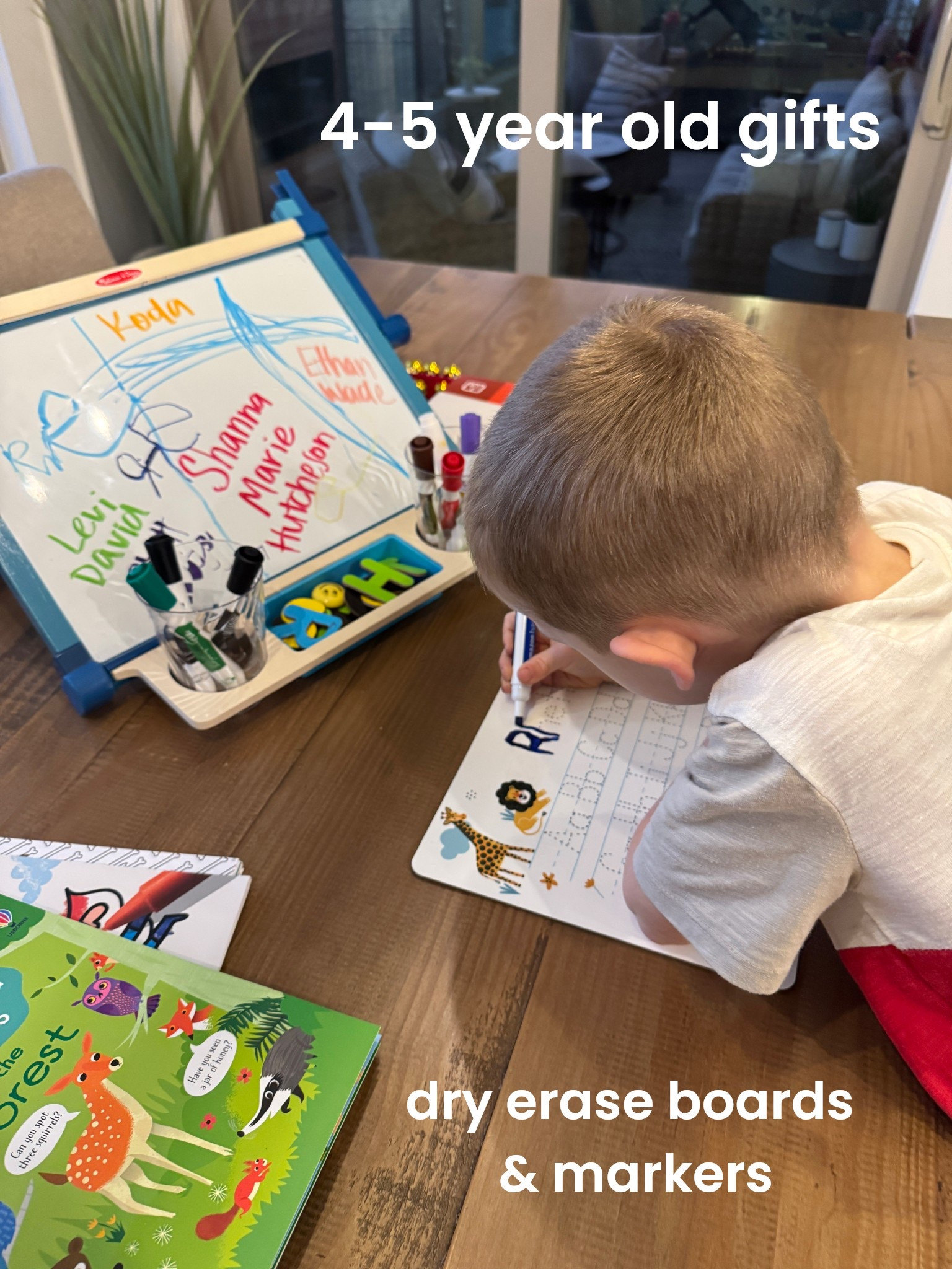 Rhett is almost 5 and he’s very into coloring on dry erase boards! Loves to trace letters or draw whatever and then erase and start again! Perfect for practicing writing too 

Linked this board that’s a dry erase on one side and chalkboard on the other / personalized dry erase and marker options 



#LTKGiftGuide #LTKKids #LTKHoliday