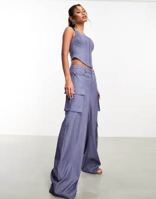Aria Cove denim look corset top and wide leg trousers co-ord in blue | ASOS (Global)