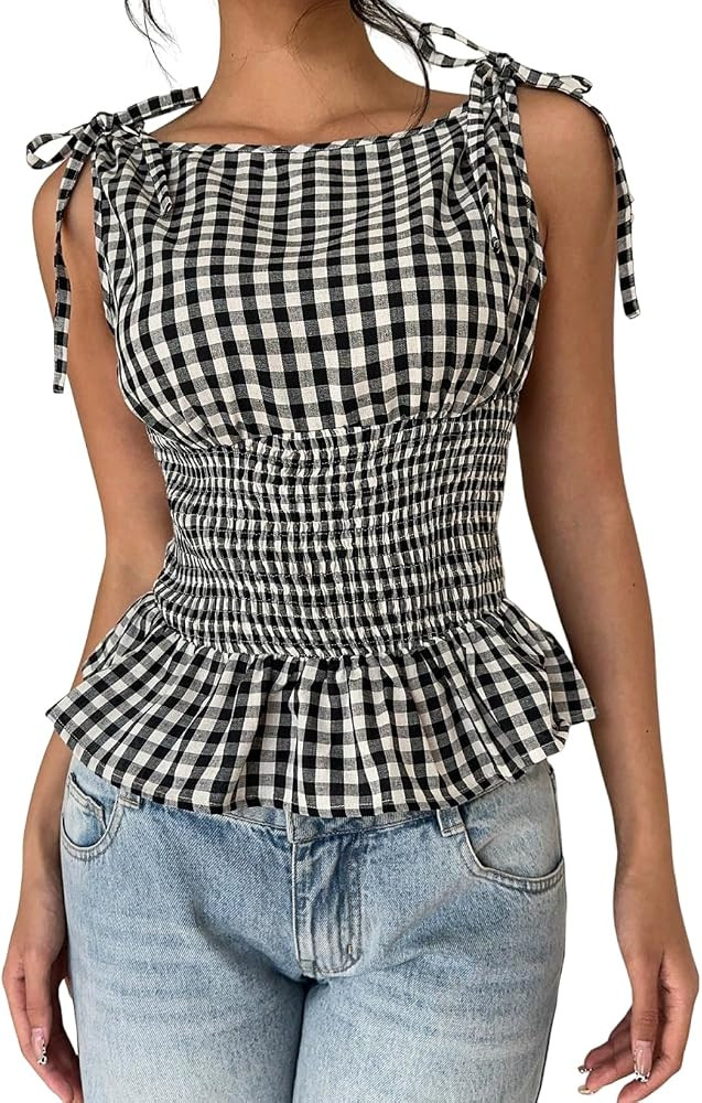 Fronage Women's Tie Shoulder Gingham Tank Top Boat Neck Sleeveless Tops Y2k Smocked Ruffle Hem Sl... | Amazon (UK)