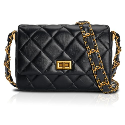 KOOIJNKO Quilted Crossbody Bags for Women Soft Leather Shoulder Handbag Purse with Gold Chain Strap Flap Purse Clutch, Black | Amazon (US)