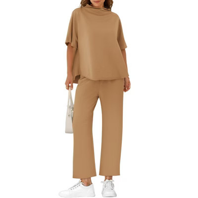 Imily Bela Women's Oversized Lounge Set 3/4 Batwing Sleeve Crew Neck Pullover Top Wide Leg Pants Two Piece Outfits Light Brown M | Target