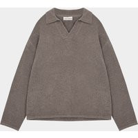 Boucle Knit Long Sleeve Polo - Brown | The Couture Club