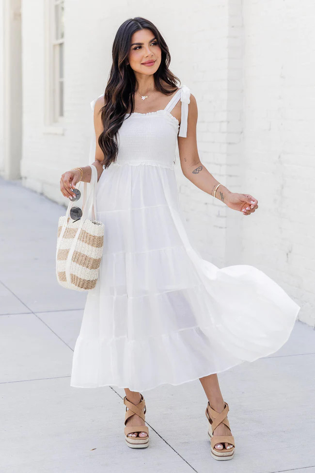 Live In the Moment White Smocked Tiered Midi Dress | Pink Lily