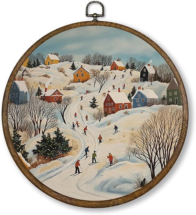 Qskjre Vintage Winter Town Ski Scene Wall Art Decor, Village Christmas Round Wood Framed Canvas W... | Amazon (US)