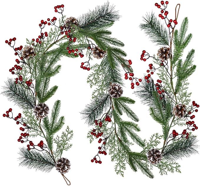 Amazon.com: Christmas Artificial Pine Garland with Spruce Cypress Berries Frosted Pinecones Winte... | Amazon (US)
