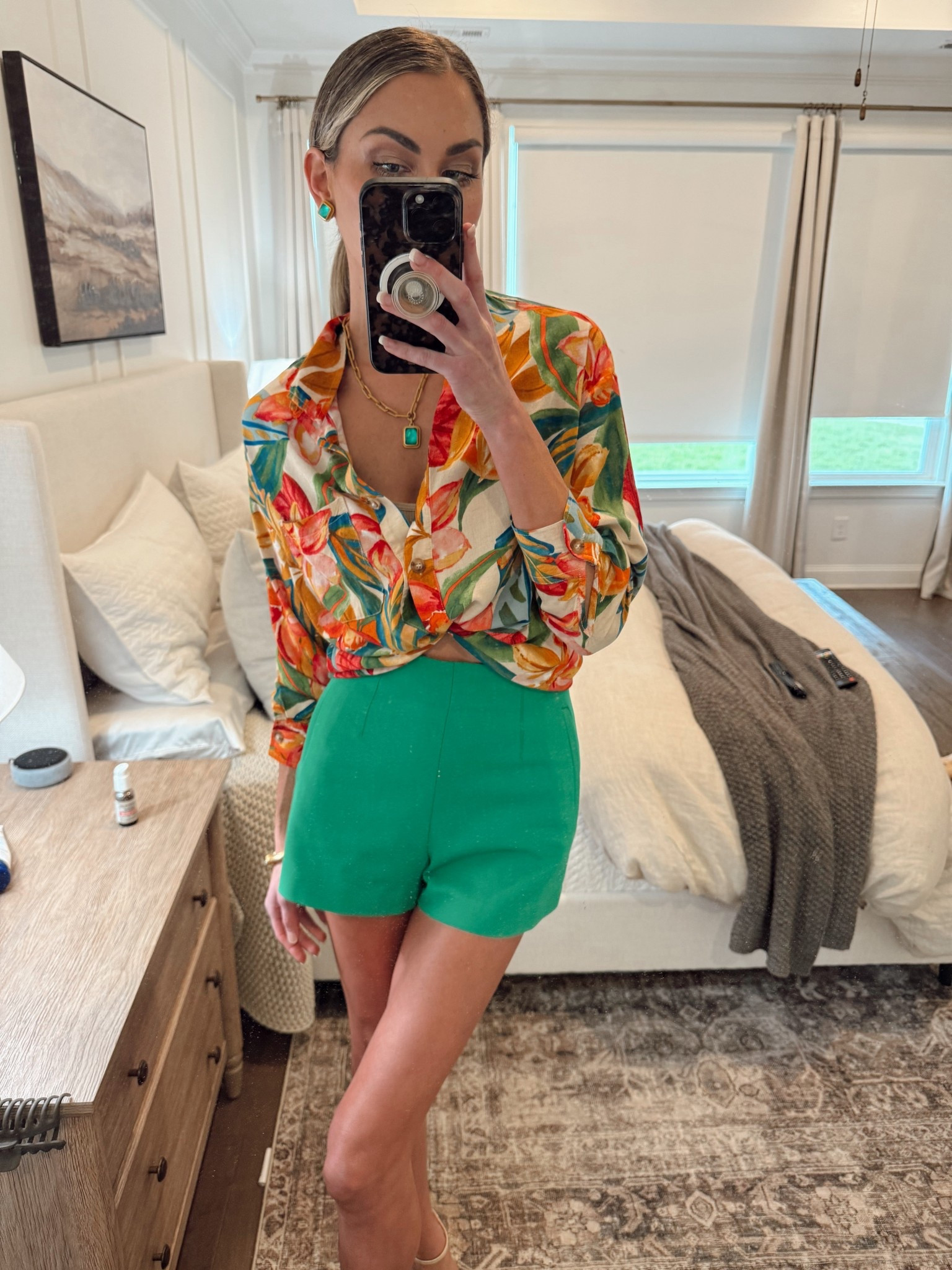 The blouse is actually a long button-down, bathing suit cover-up, but excellent quality, not see-through and very versatile! 

Use code ALEXANDRAH30 all year long for 30% off Vici 🫶🏼😍

Shorts are old Zara but target makes a very similar style in multiple colors that are “tailored!” 


•
•
Vacation outfit, tropical shirt, swim coverup, summer outfit ideas, bright and colorful outfit, Vici collection, green shorts, Julie Voss, statement jewelry 

#LTKSwim #LTKWorkwear #LTKStyleTip