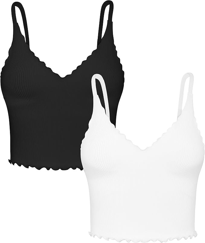 Sunzel Tank Top for Women, V Neck Seamless Ribbed Crop Sports Bra with Ruffles | Amazon (US)