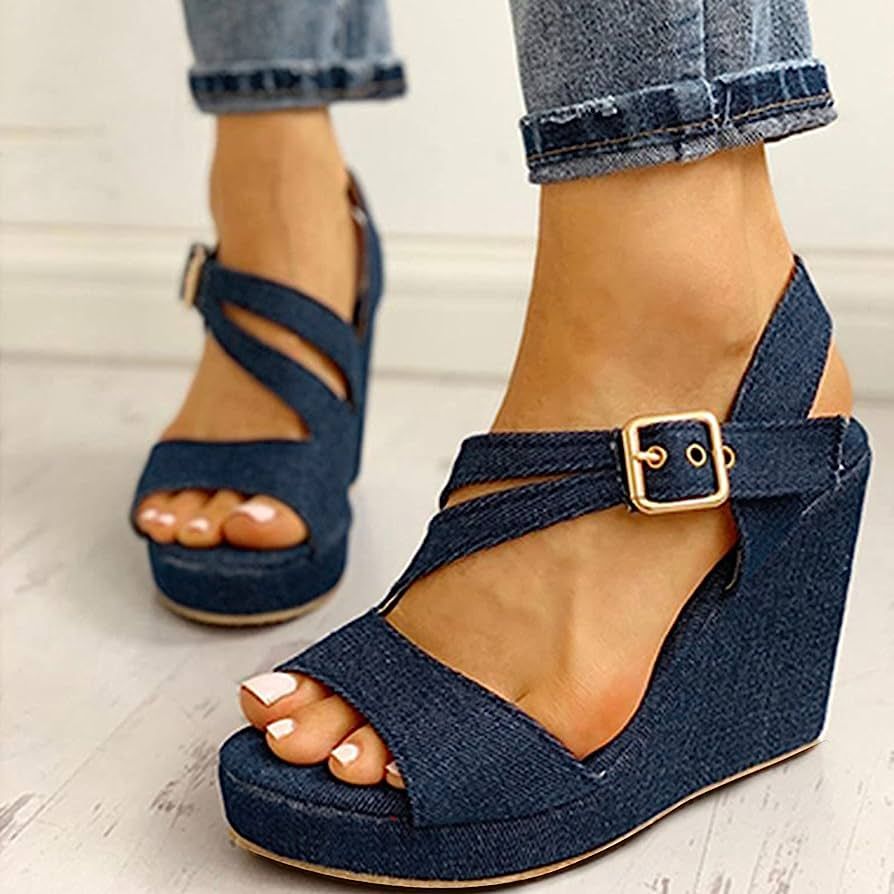Padaleks Women's Sandals Open Toe Buckle Ankle Strap Platform Wedge Shoes Casual Summer Comfy Denim  | Amazon (US)