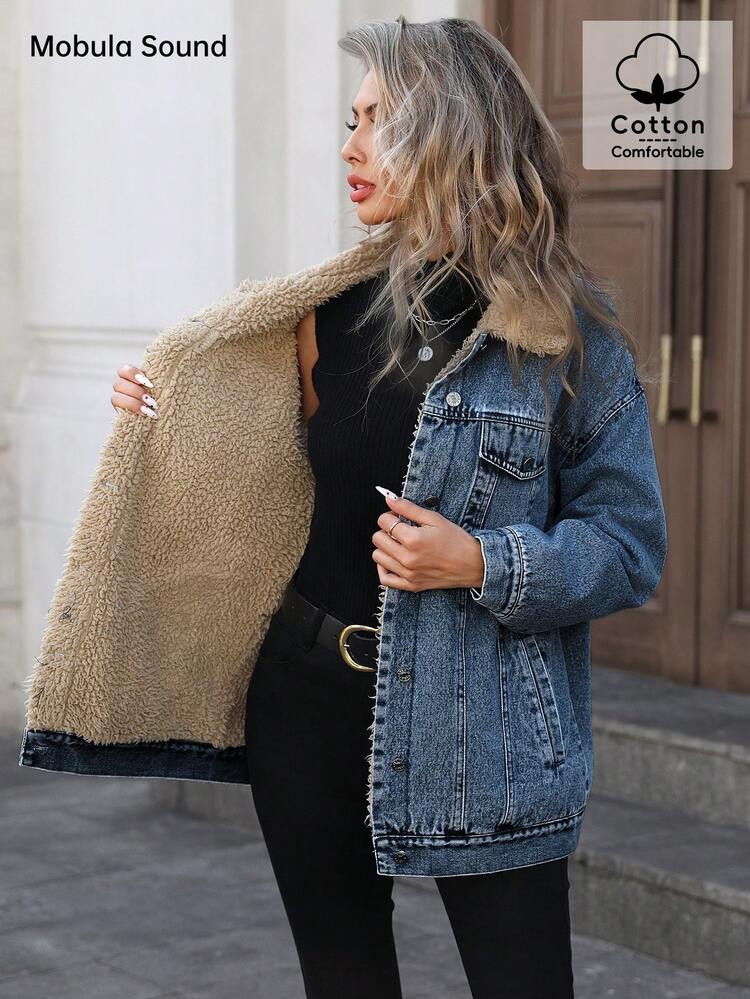 Mobula Sound# Middle Eastern Versatile Casual Sports Fashion Women Spring Autumn Winter Warm Fleece Windproof Lady Blue Y2K Student College Young Style Denim Jacket | SHEIN