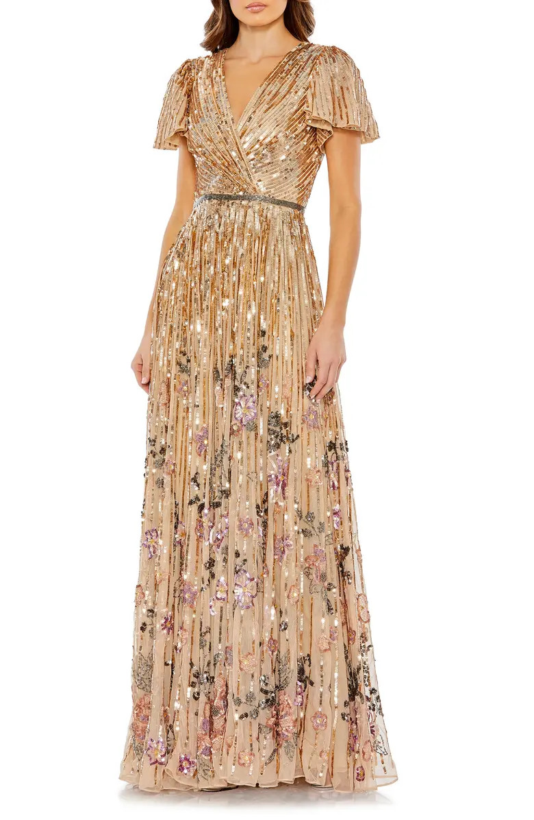Mac Duggal Sequin Floral Flutter Sleeve Gown | Nordstrom | Nordstrom