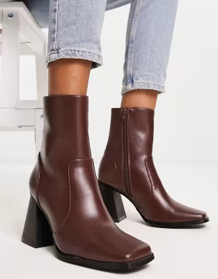 Urban Revivo square toe heeled boots in brown | ASOS (Global)