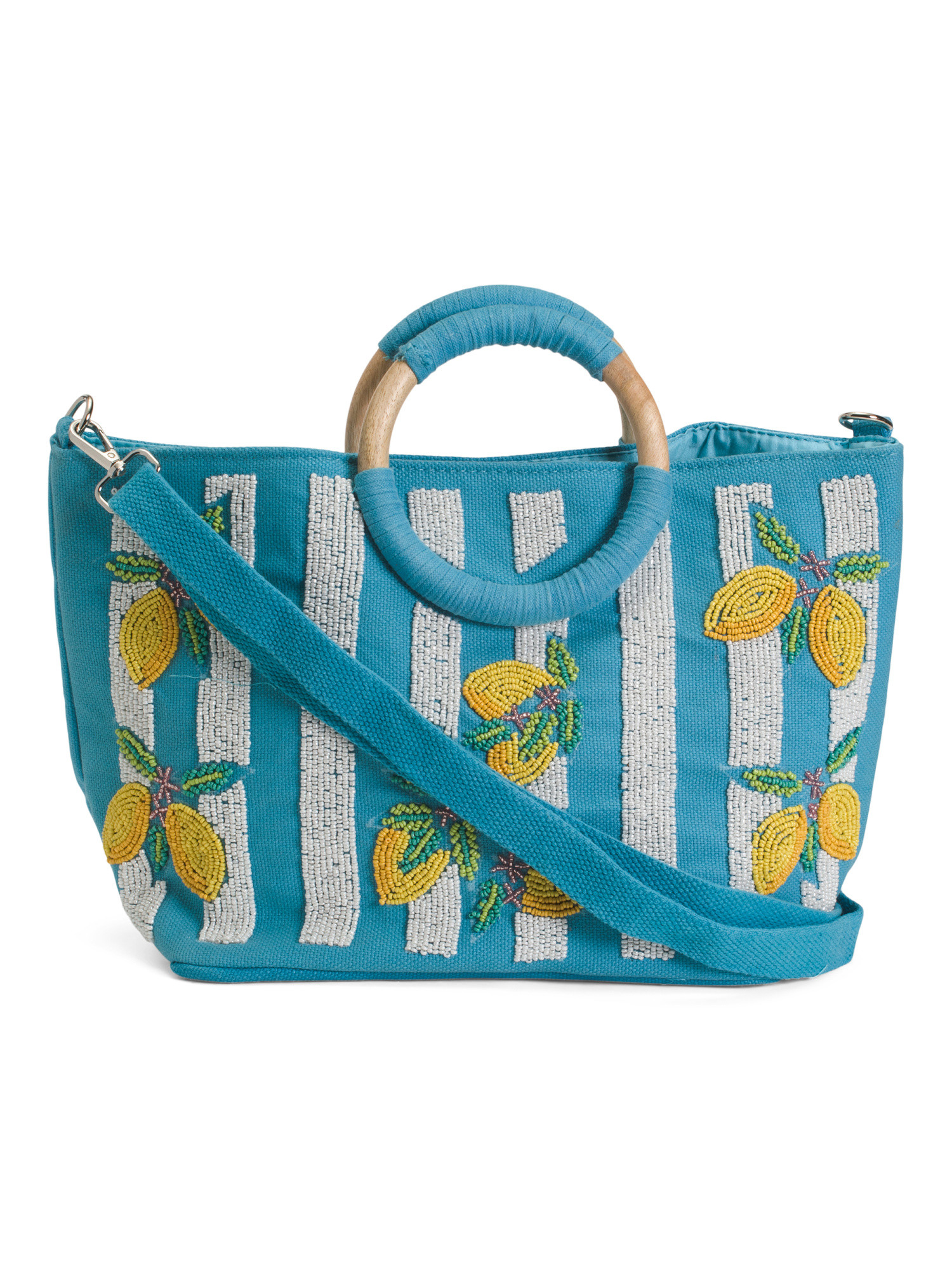 Cotton Canvas Tote In Lemon And Striped Motif With Strap | TJ Maxx