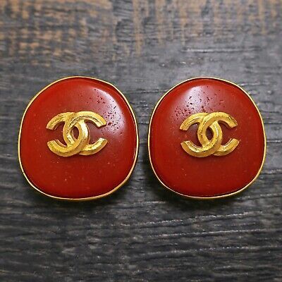 CHANEL Gold Plated CC Logos Red Stone Round Vintage Clip Earrings #326c Rise-on | eBay US