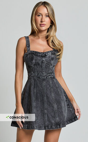 Estonia Mini Dress - Denim Dress in Washed Black | Showpo (US, UK & Europe)