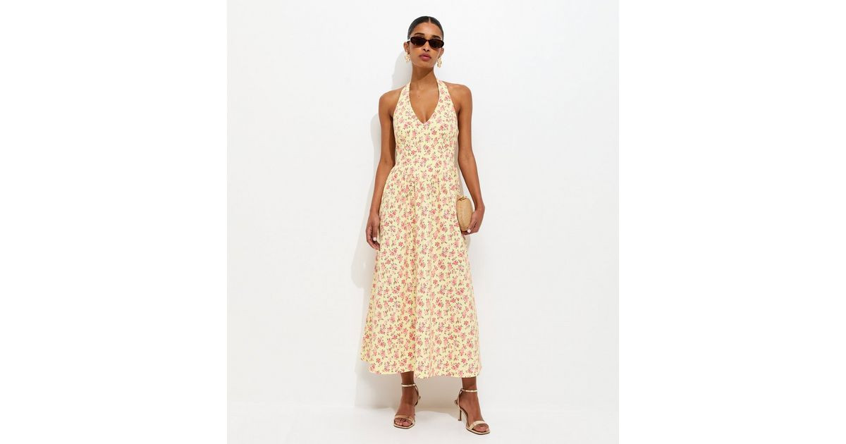 Yellow Floral Print Halter Neck Midi Dress | New Look | New Look (UK)