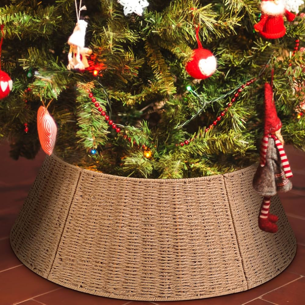 24 Inch Christmas Tree Collar Natural Woven Christmas Tree Ring Farmhouse Paper Rope Xmas Tree Sk... | Amazon (US)