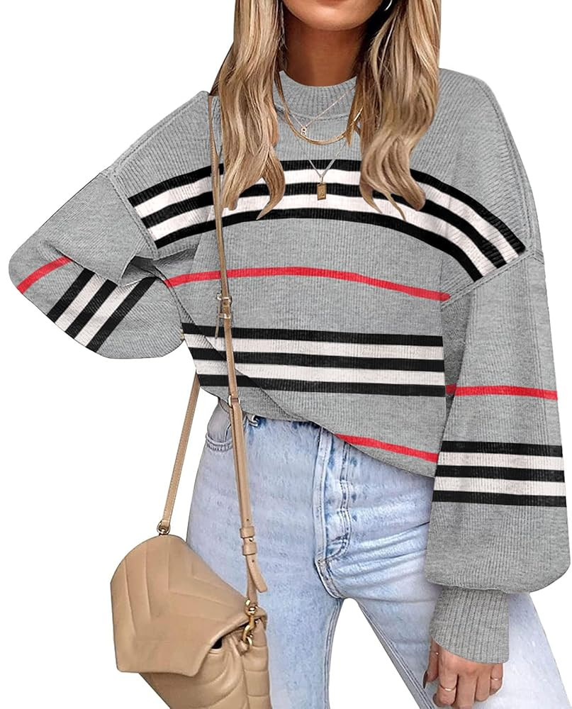 ETCYY Womens Sweaters Fall 2025 Batwing Long Sleeve Side Slit Knit Tops Crew Neck Striped Oversiz... | Amazon (US)