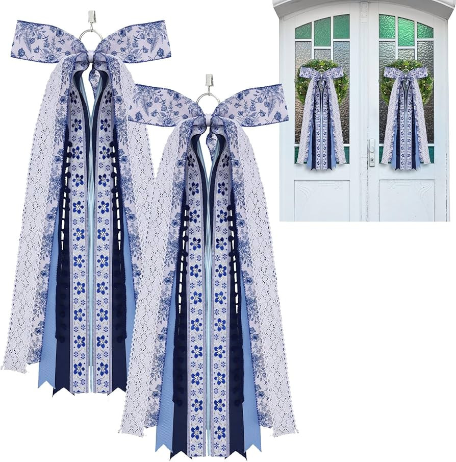 2 Pcs Chinoiserie Ribbon Bow for Wreath Large Blue and White Wreath Sash for Front Door Xmas Tree... | Amazon (US)