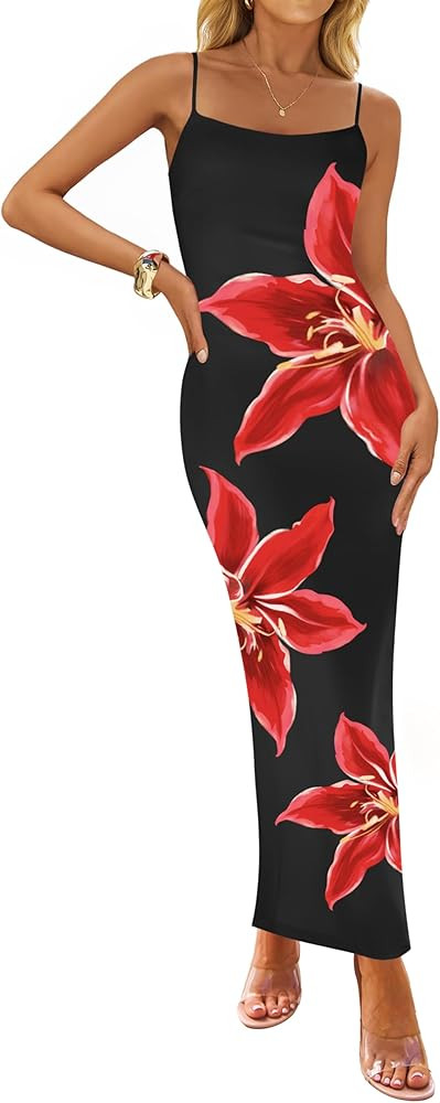 ZESICA Women’s Summer Bodycon Maxi Dresses 2025 Floral Spaghetti Strap Square Neck Sleeveless B... | Amazon (US)