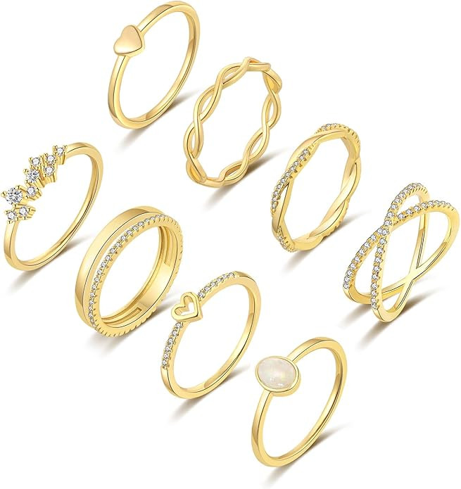 RLMOON 8PCS 14K Gold/Silver Plated Ring Set for Women Dainty CZ Simulated Diamond Ring Eternity B... | Amazon (US)