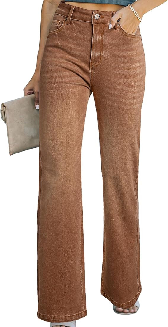 Sidefeel Women's Wide Leg Jeans Casual High Waisted Straight Zimbaplatinum Denim Pants with Pocke... | Amazon (US)