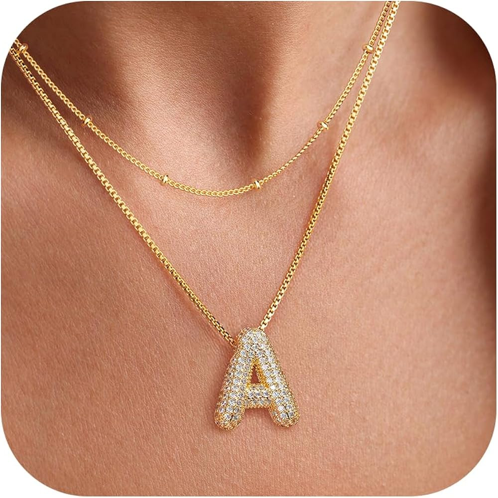 UHIBROS Bubble Letter Necklace, Gold Balloon Initial Necklaces for Women Girls, Cubic Zirconia Da... | Amazon (US)