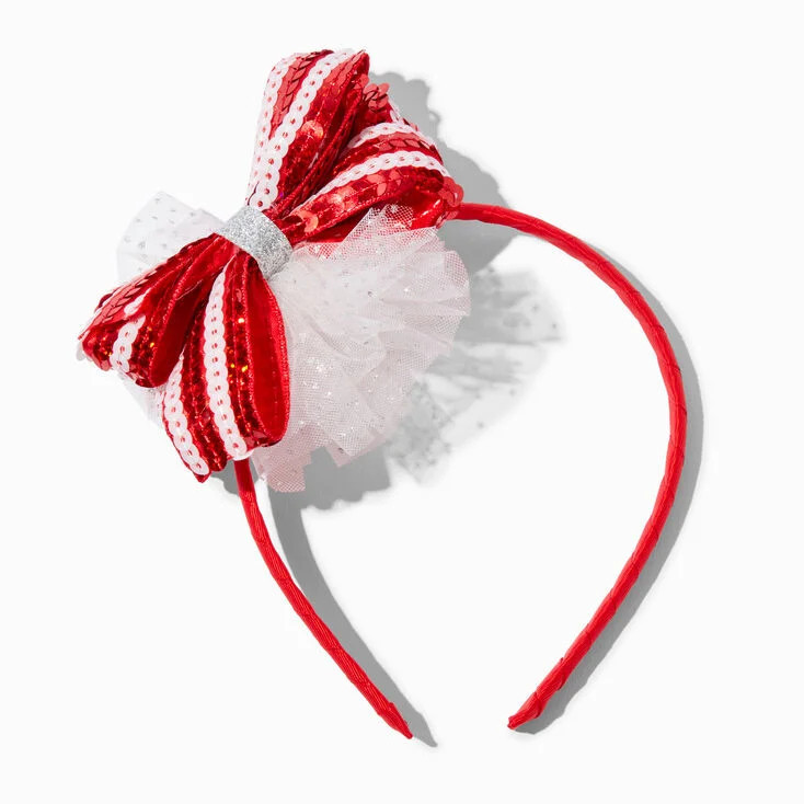 Candy Cane Striped Bow & Tulle Christmas Headband | Claire's (UK)