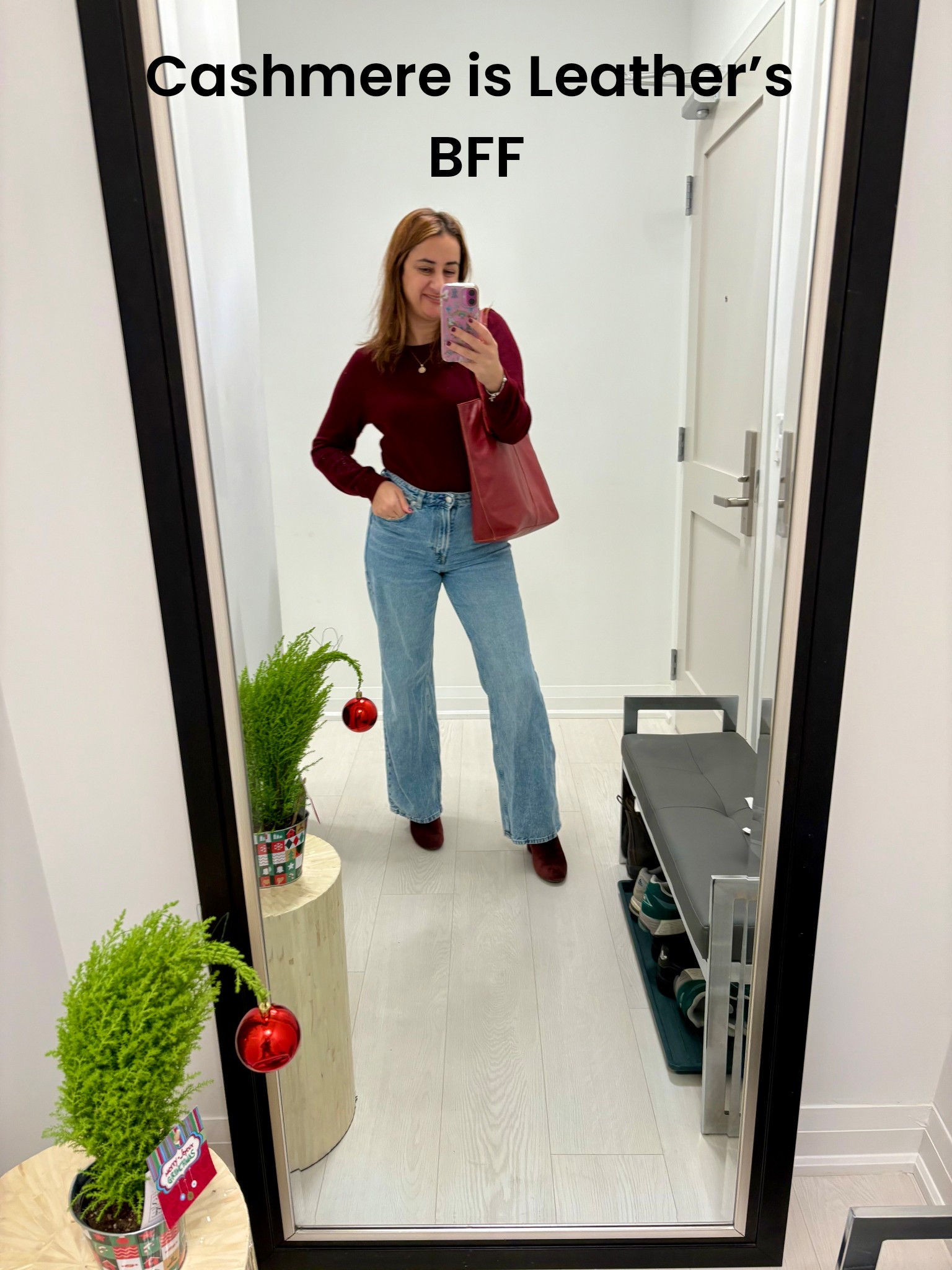 Cashmere is Leather’s BFF! Burgundy leather purse and shoes with Cashmere 

#LTKdayinmylife #LTKHoliday #LTKootd