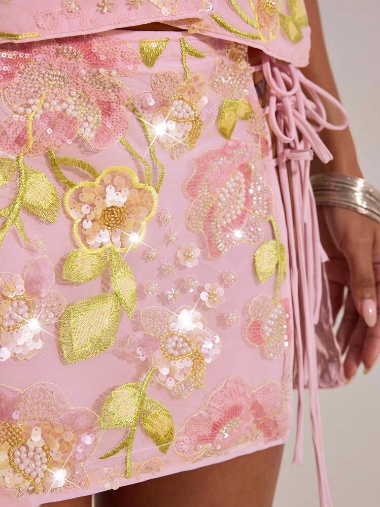 Opulessa Stylish Pink Mini Skirt With Boho Plant Pattern And Adjustable Lace-Up Style Pink Sequin... | SHEIN