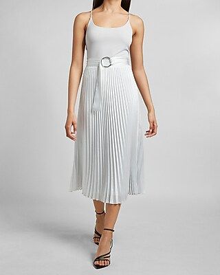 High Waisted Belted Pleated Midi Skirt | Express