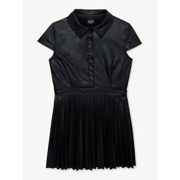 Scoop Girls Short Sleeve Pleated Faux Leather Dress, Sizes 4-12 - Walmart.com | Walmart (US)