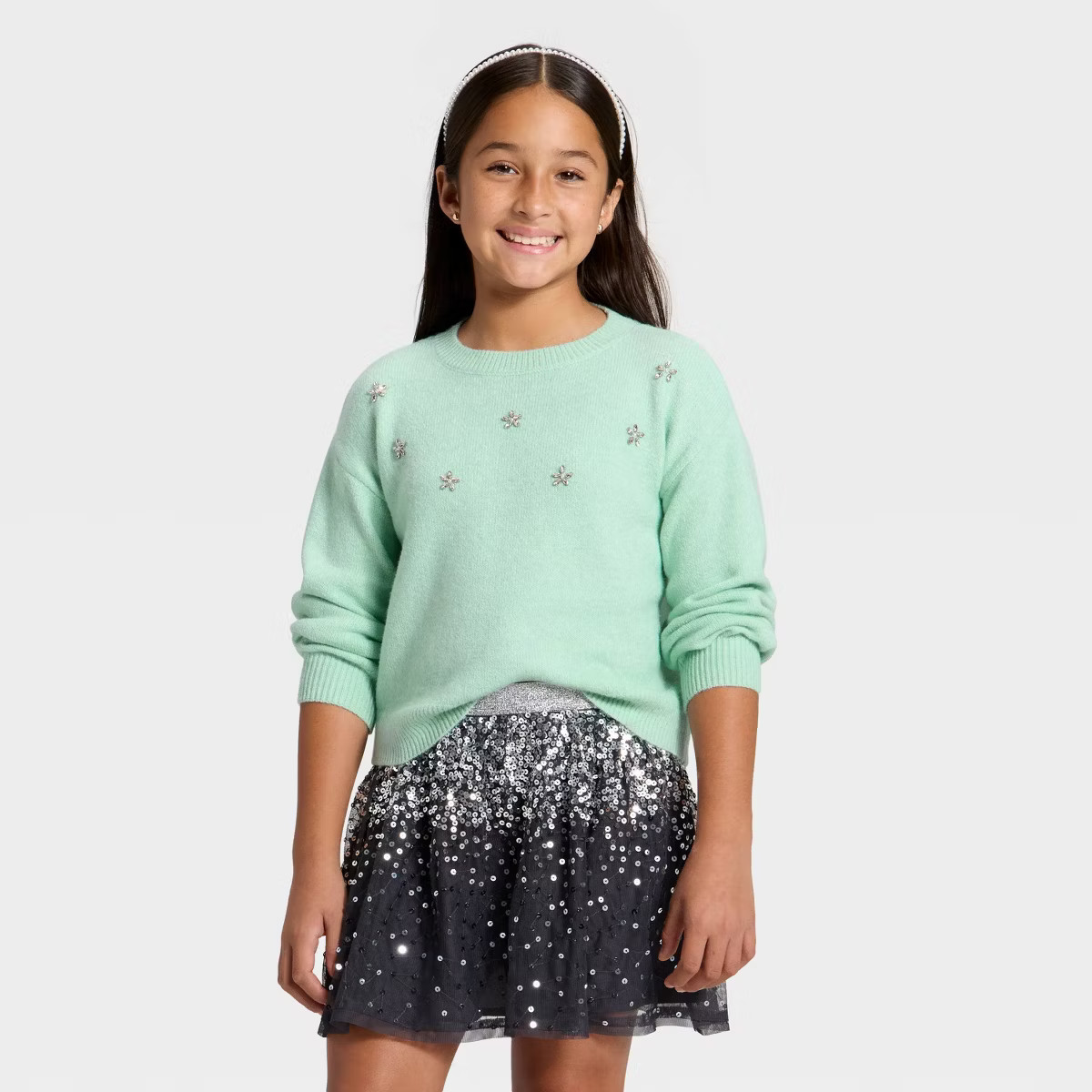 Girls' Embellished Pullover Sweater - Cat & Jack™ Mint Green L | Target