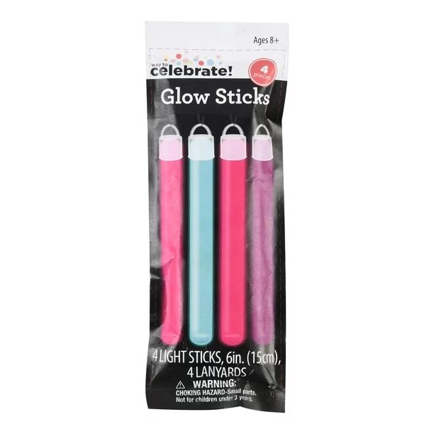 Way to Celebrate! 4ct 6" Glow Sticks Party Favors, 8.46" x 3.15" x 0.5", 40g | Walmart (US)