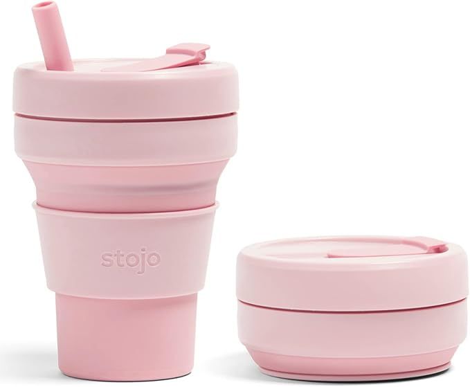 Stojo Collapsible Travel Cup With Straw - Carnation Pink, 16oz / 470ml - Reusable To-Go Pocket Si... | Amazon (US)